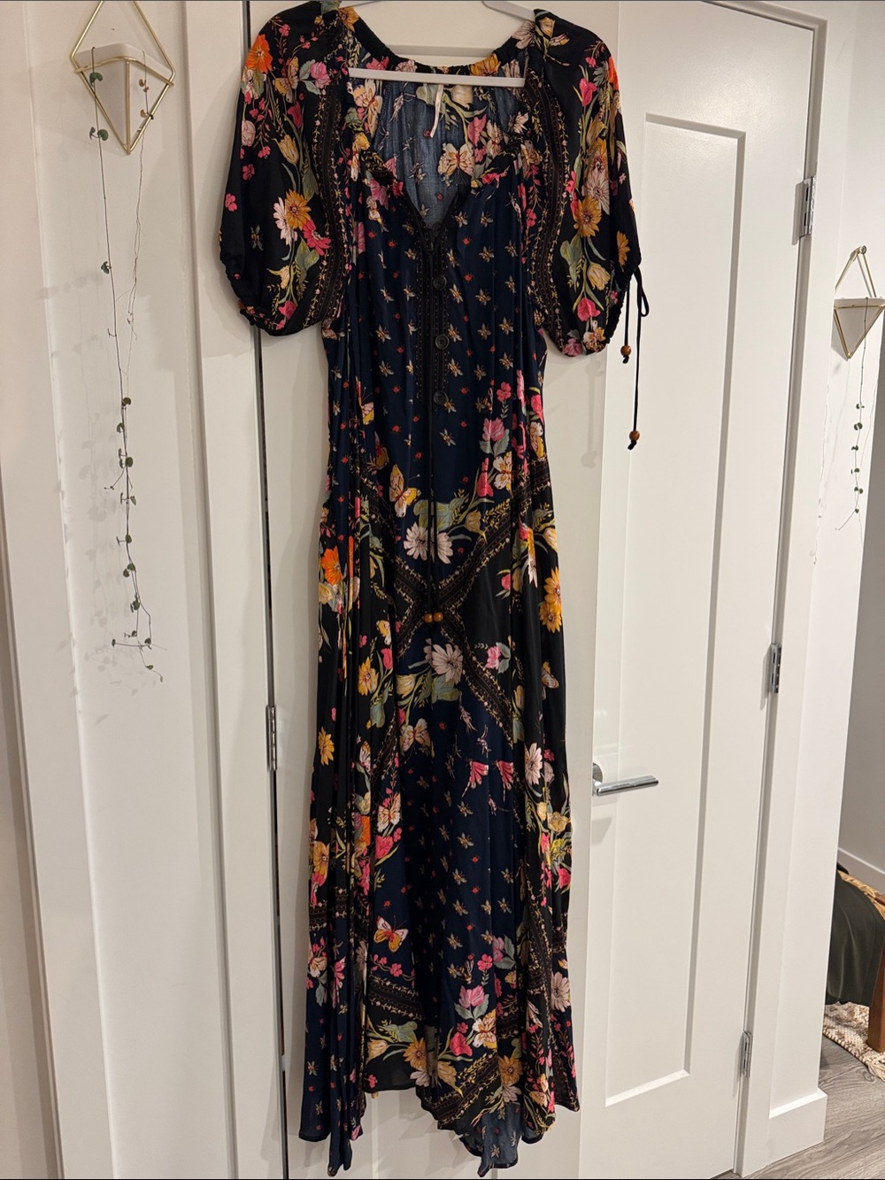 Floral free people Maxi Dress with Puff Sleeves - Black Floral